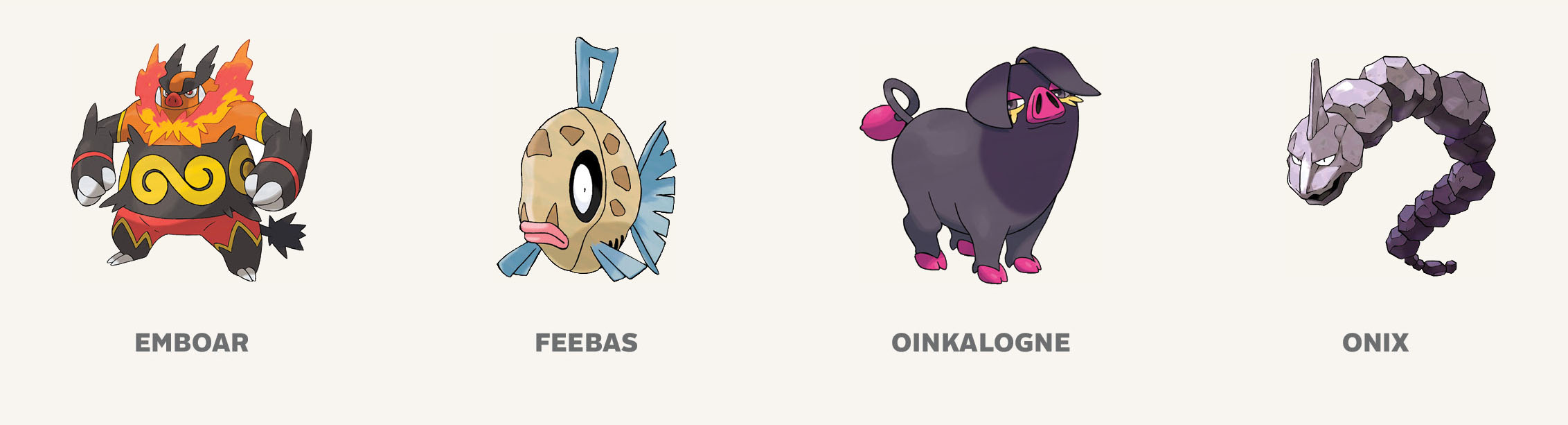 Pokémon characters: Emboar, Feebas, Oinkalogne, and Onix