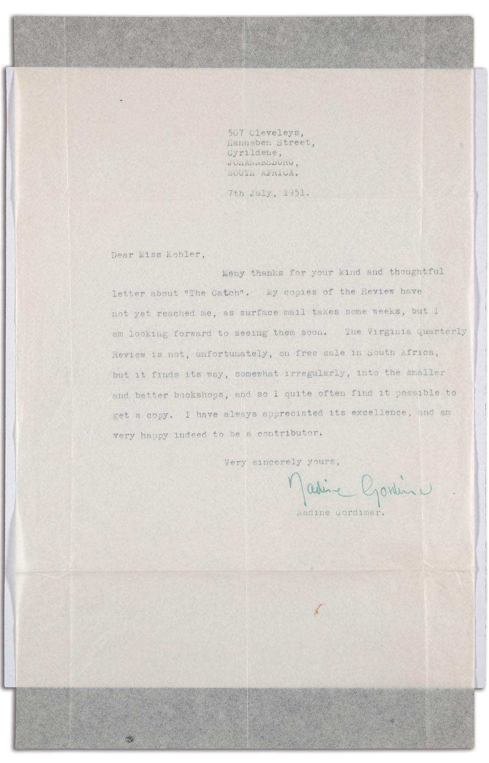 Nadine Gordimer type written letter to VQR Editor Charlotte Kohler.