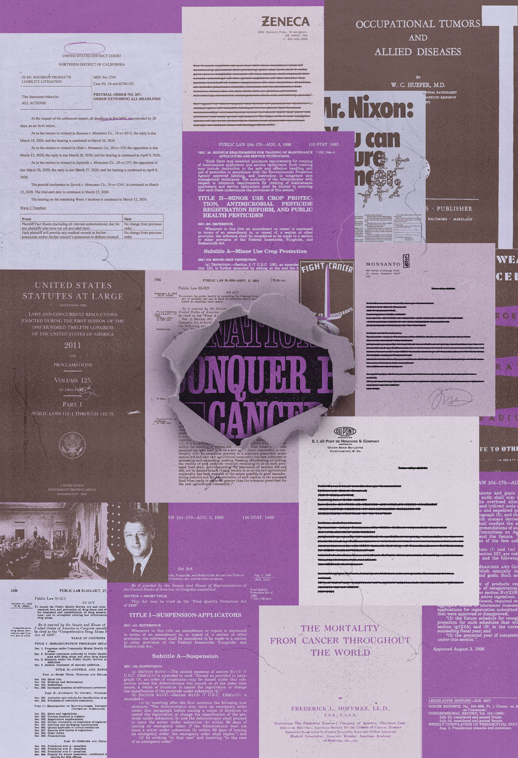 Collage of US government documents related to the war on cancer; the center of the collage is ripped open to reveal a poster beneath reading, "Conquer Cancer." Image by Max-O-Matic.