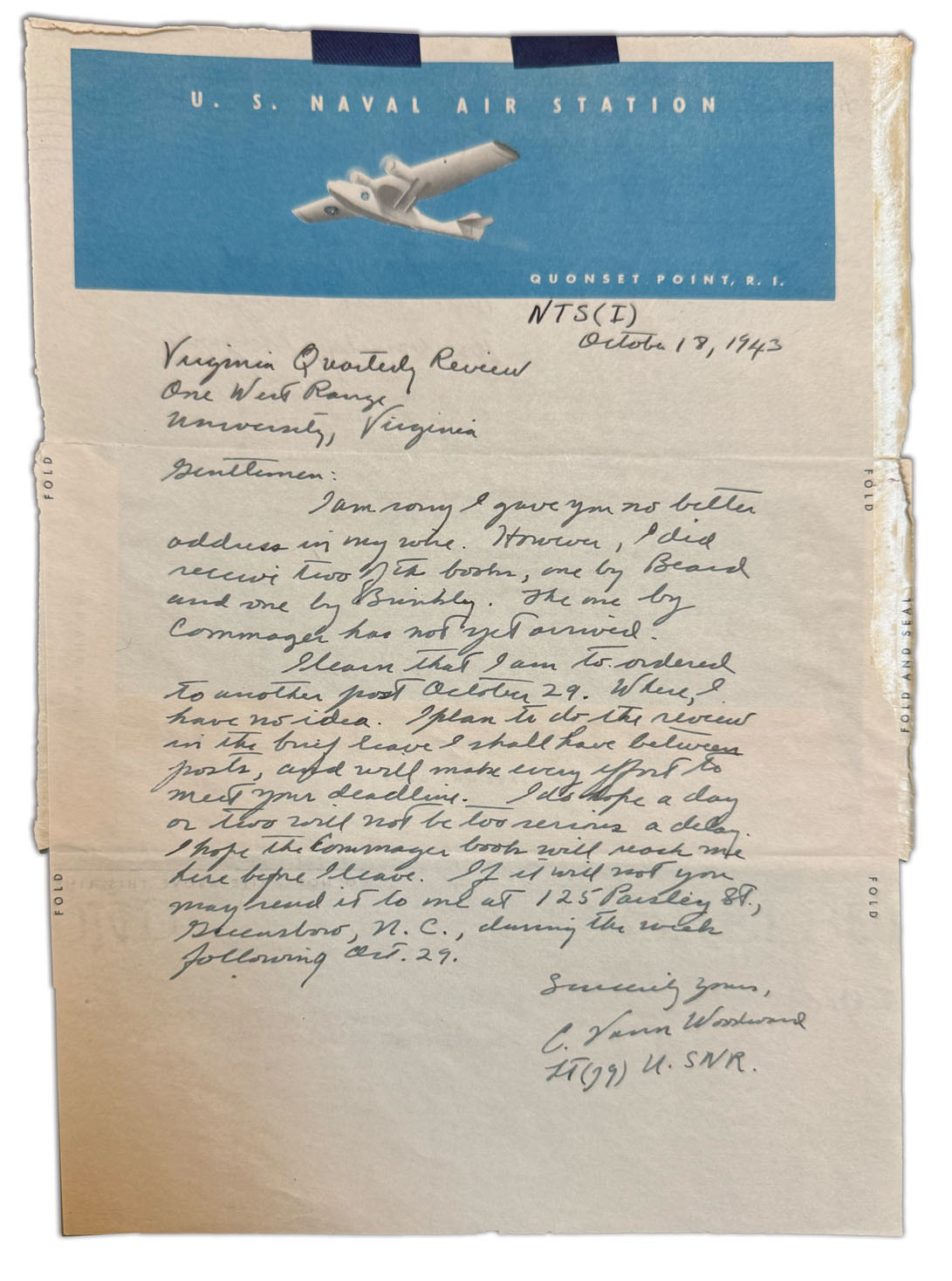 Handwritten letter by C. Vann Woodward to VQR editors. 