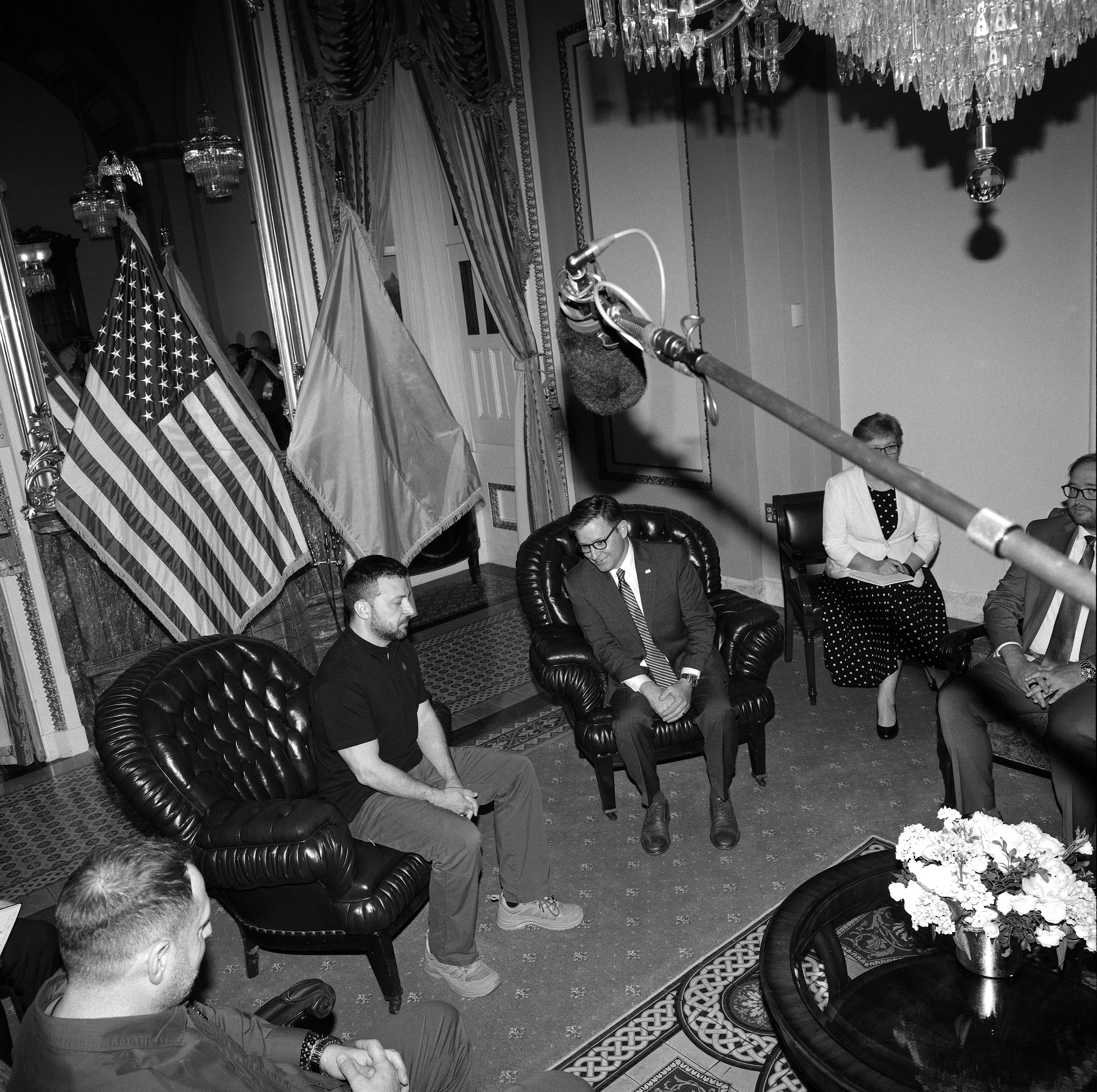 Ukrainian President Volodymyr Zelenskyy meets with US Speaker of the House Mike Johnson. Capitol Hill, Washington, DC, 2024.