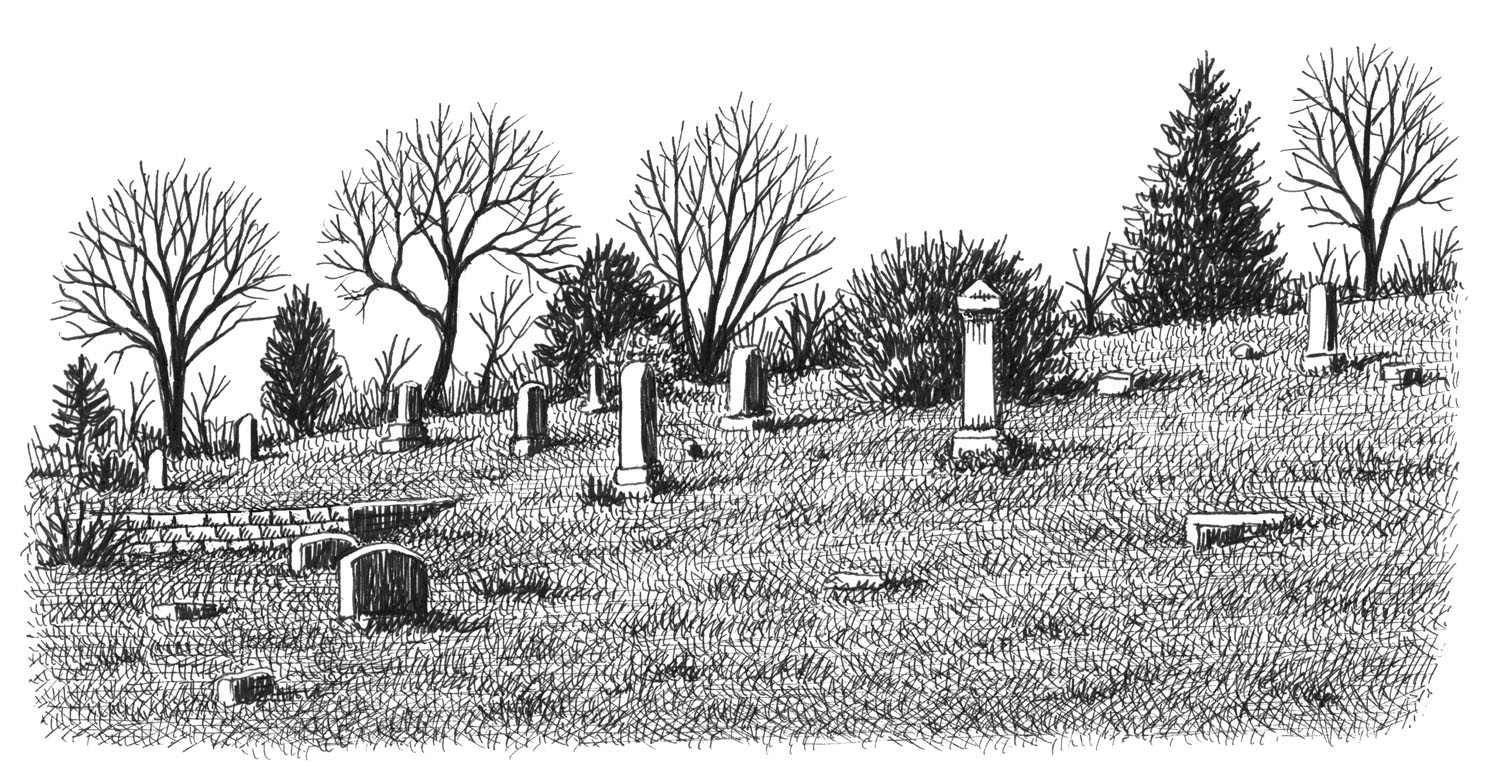 Drawing of hillside graveyard by Landis Blair.
