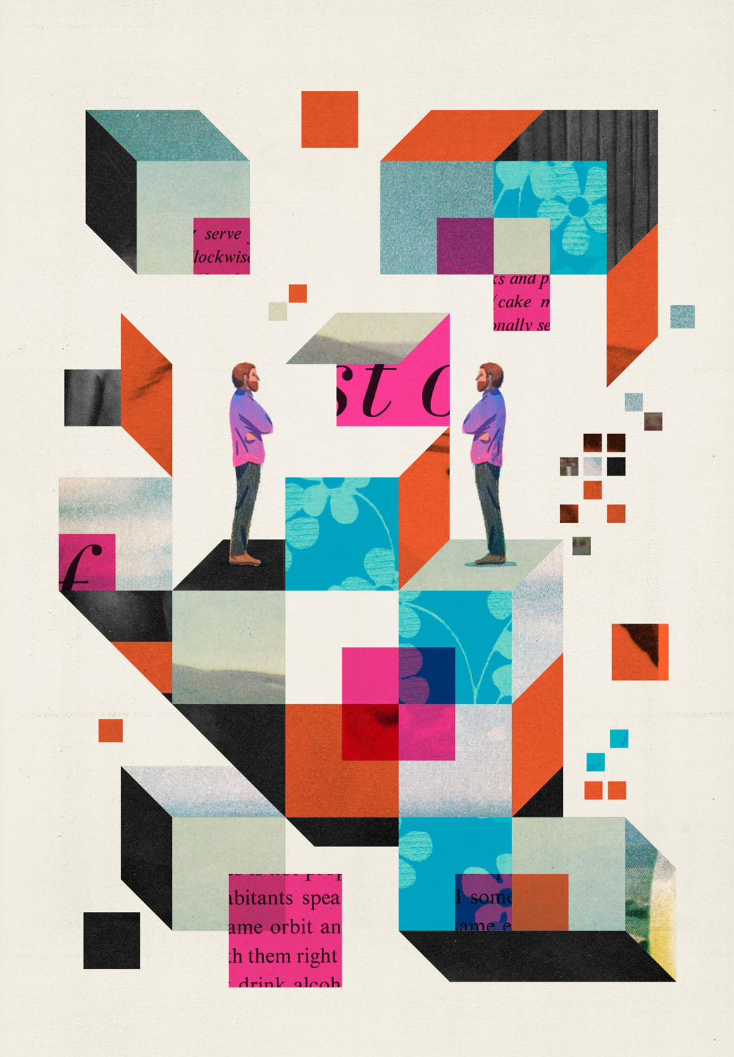 Illustration by Keith Negley of man staring at doppelgänger on an array of abstract cubes.