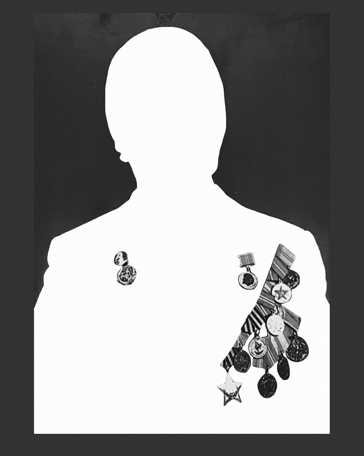 white bust silhouette of Gregory Lipkin with his war medals pinned on his chest
