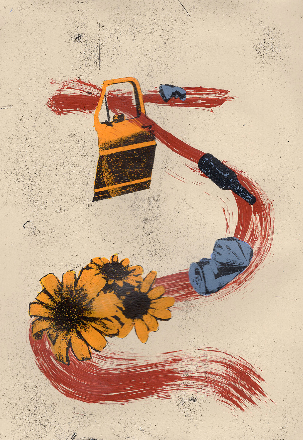 Garbage, flowers, and a car door.