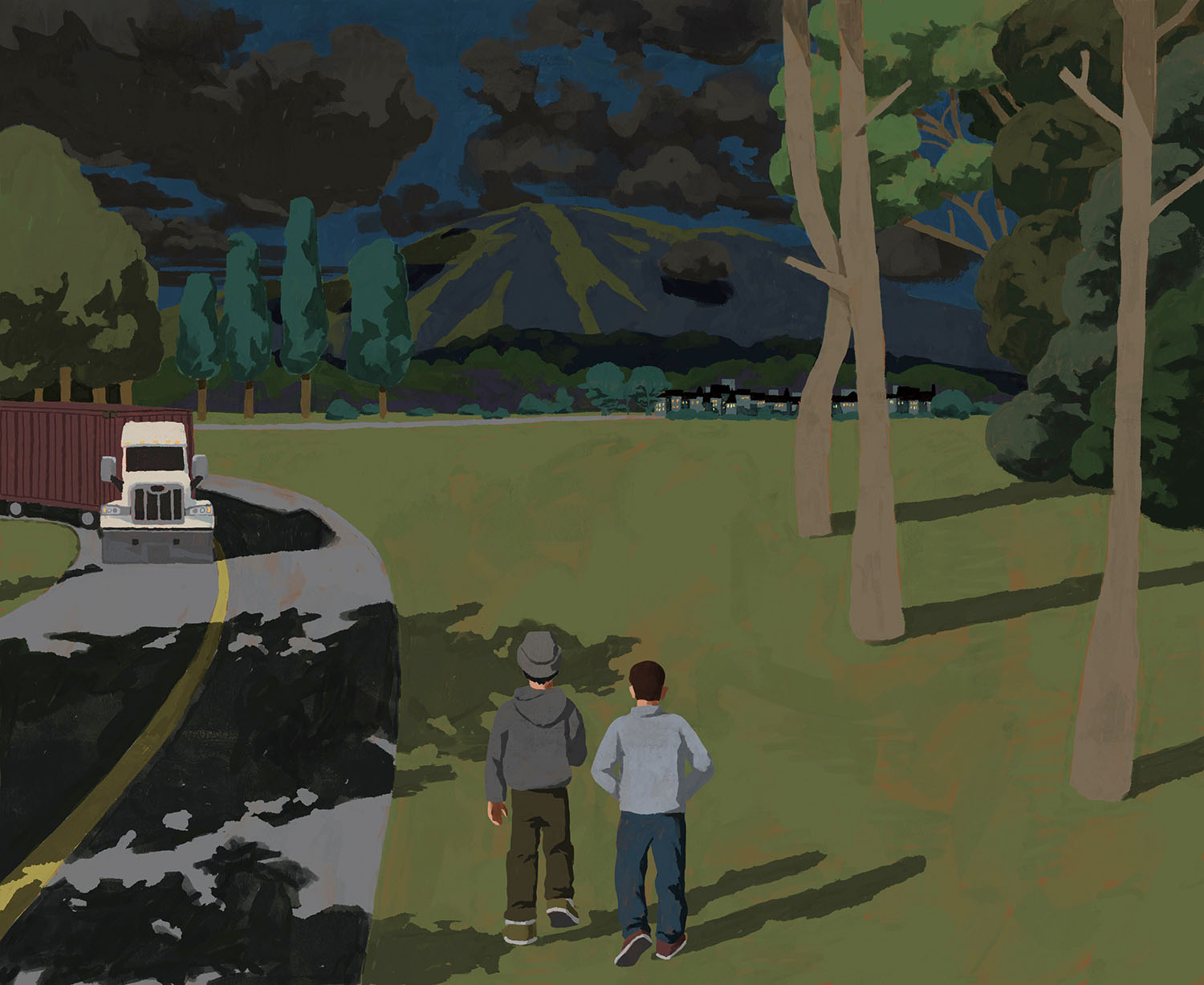two boys walking down road next to highway