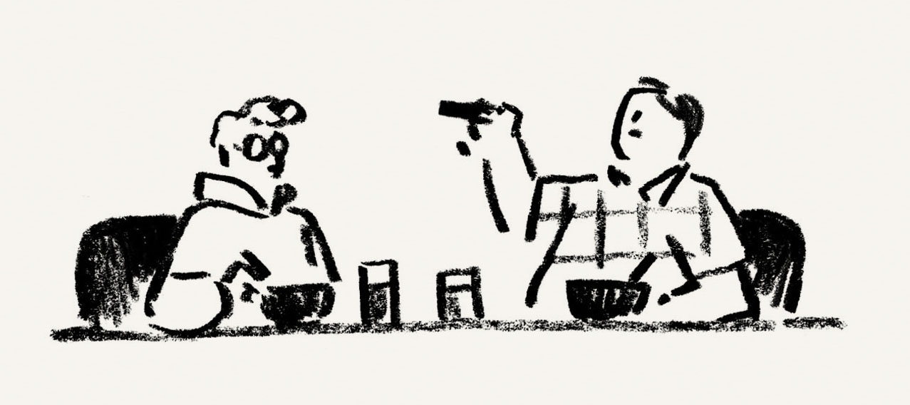 Illustration of man pointing at woman while speaking.