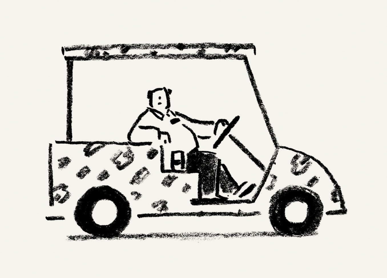 Illustration of man in golf cart.