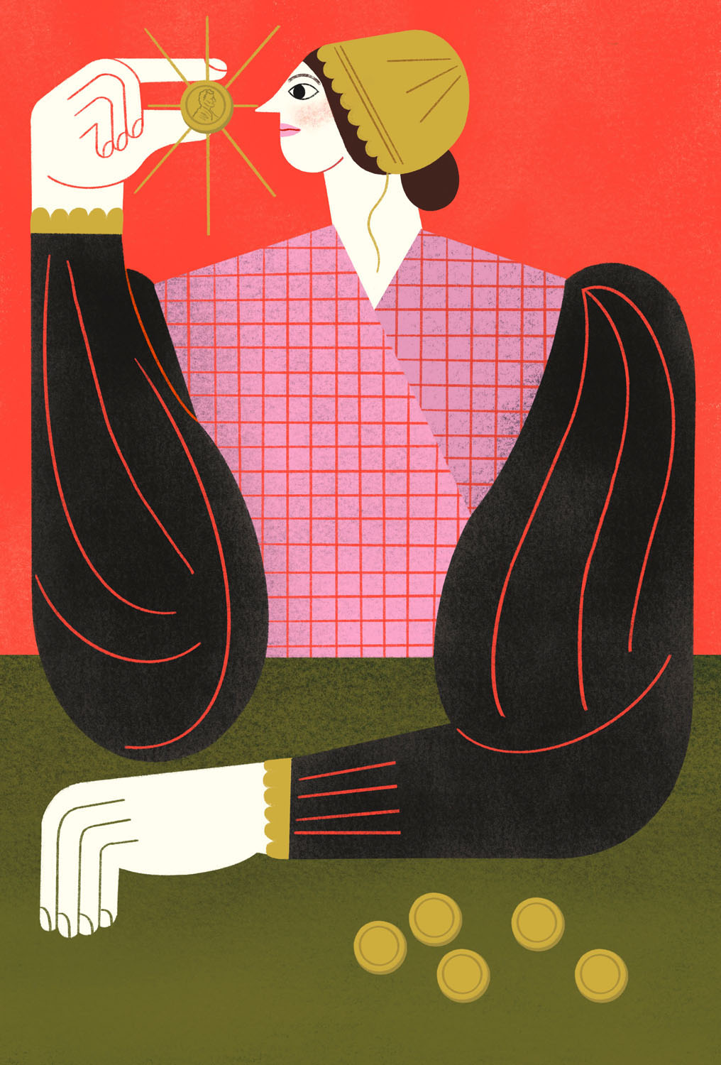 Illustration of woman holding a penny between thumb and forefinger.
