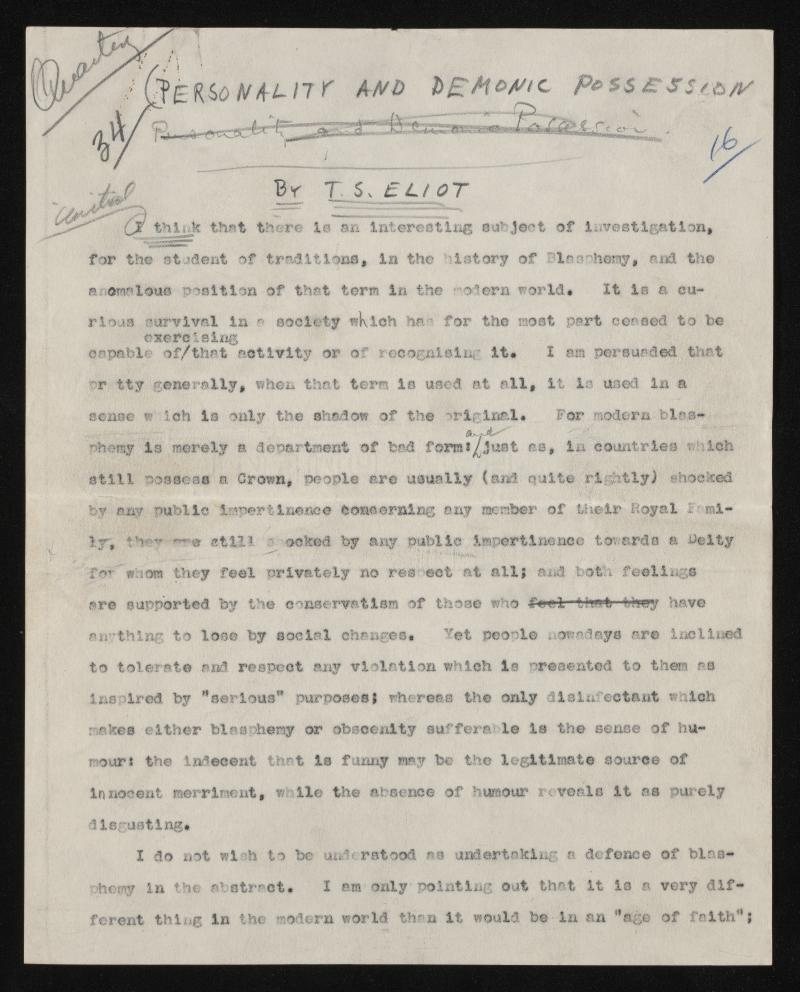 Manuscript of "Personality and Demonic Possession" by T.S. Eliot