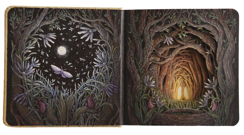 LEFT: Forest trees with moth and moon in the middle. RIGHT: Forest trees with light in the middle. 