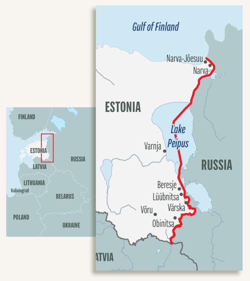 Map of eastern border of Estonia with Russia.