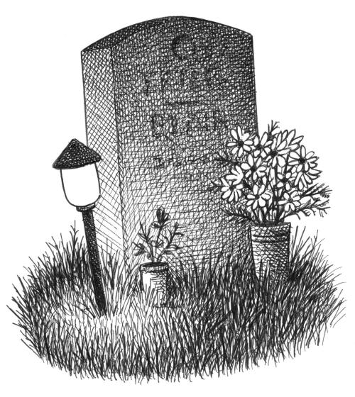 Drawing of grave with solar lantern and flowers by Landis Blair.