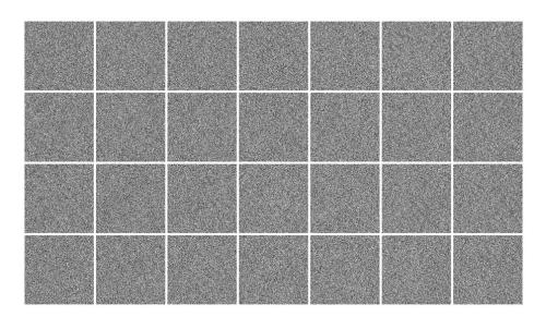 4x7 grid of 1 inch square grey pixelated squares