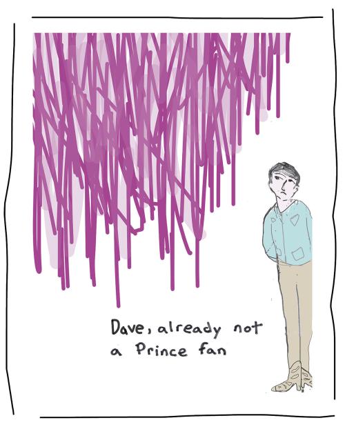 Comic reads "Dave. already not a Prince fan" with man wearing blue shirt, khaki pants, and boots