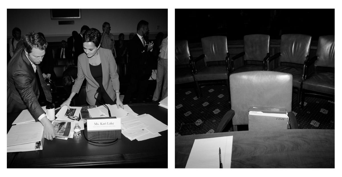 LEFT: woman gathers papers on a desk. RIGHT: empty chair at a desk.