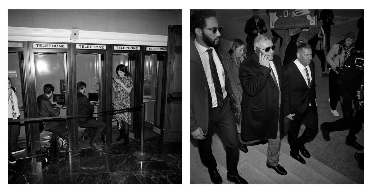 LEFT: people take phone calls in old telephone booths. RIGHT: man walks on phone followed by journalists. 