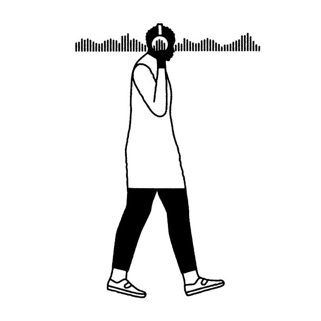 Black-and-white drawing of a Black woman walking, hands on her over-ear headphones, while bars representing musical sound drift through her head. Illustration by Pablo Amargo.