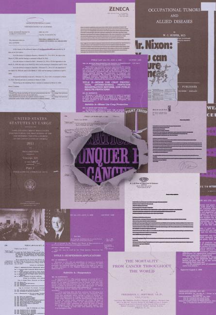 Collage of US government documents related to the war on cancer; the center of the collage is ripped open to reveal a poster beneath reading, "Conquer Cancer." Image by Max-O-Matic.