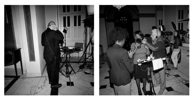 Diptych of TV broadcasting staff preparing to go on air from Capitol Hill.
