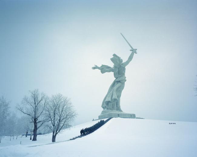 Recruits on their way to take an oath to the Russian Armed Forces at <i>The Motherland Calls</i> war memorial sculpture. Volgograd, Russia, February 2, 2022.