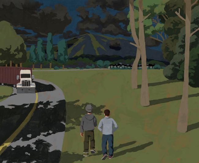 two boys walking down road next to highway