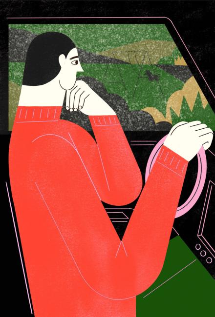 Illustration of man inside car looking out driver's side window.