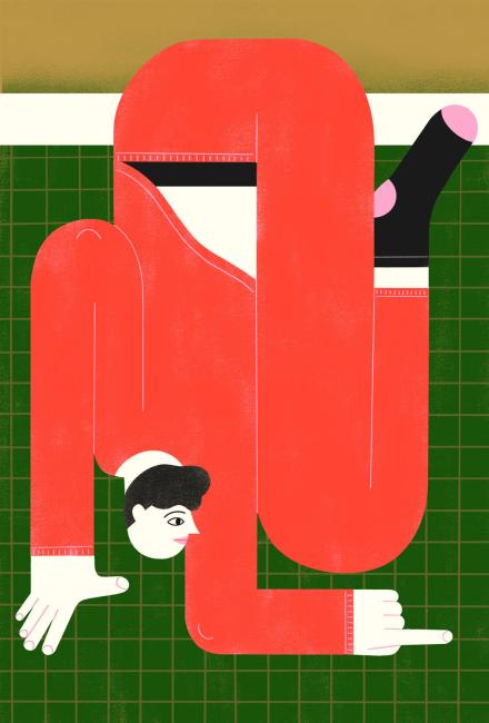Illustration of contorted man in red counting tiles on the floor.